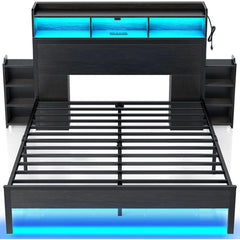 Bed Frame with Bookcase Storage Headboard,Slide Out Bedside Storage, Bed with Charging Station&LED Lights Heavy Duty Metal Slats