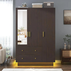 3 Doors Armoire Wardrobe Closet with Mirror, LED Armoire with Doors and Drawers, Wooden Armoire Storage Cabinet with Hanging Rod