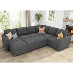 Modular Sectional Sleeper Sofa Bed, Corduroy Pull Out Couch with Storage Ottoman, U Shaped Sectional Couches for Living Room