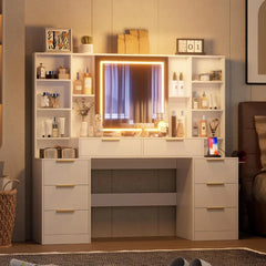 Large Makeup Vanity Desk with Lighted Mirror & Power Outlet,Vanity Desk Dresser Table with 3 Lighting Modes Brightness