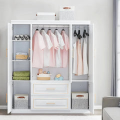 3 Door Closet Wardrobe, Armoire with 3 Drawer and Hanging Rod, Freestanding Closet Cabinet, Clothes Storage Organizer, Wardrobes