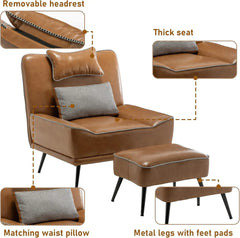 Accent Chair with Ottoman, Mid Century Modern Upholstered Faux Leather Chairs for Living Room Bedroom Lounge Chair