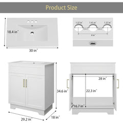 Bathroom Vanity with Ceramic Sink, Bathroom Vanity Cabinet with 2 Doors, 30 Inches Wooden Bathroom Sink Cabinet