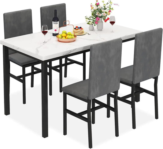 Dining Table Set for 4, 5-Piece Marble DiningTableSet with 4 Velvet Metal Frame Chairs for Kitchen, Bar, Living Room