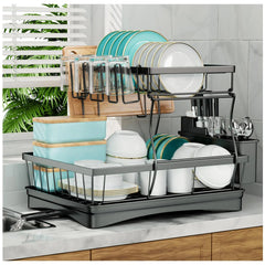 Large 2-tier dish drying rack for kitchen countertops, removable large-capacity dish draining rack