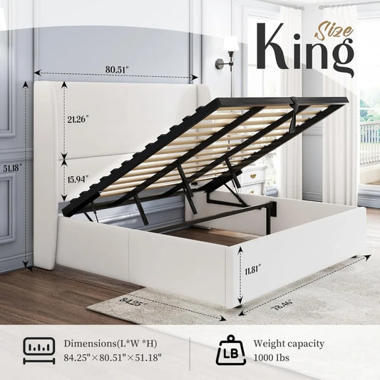 King Size Lift Up Storage Bed Upholstered Platform Bed Frame with Hydraulic Storage/Wingback Headboard/No Box Spring NeededWhite