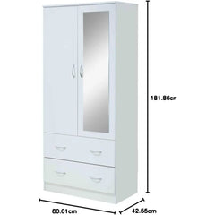 2 Door Wood Wardrobe Bedroom Closet with Clothing Rod inside Cabinet, 2 Drawers for Storage and Mirror, White