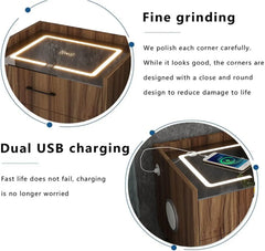 Smart LED Nightstand with 2 Drawers, End Table with Charging Station Wireless and Storage, Bluetooth Speaker Side Table