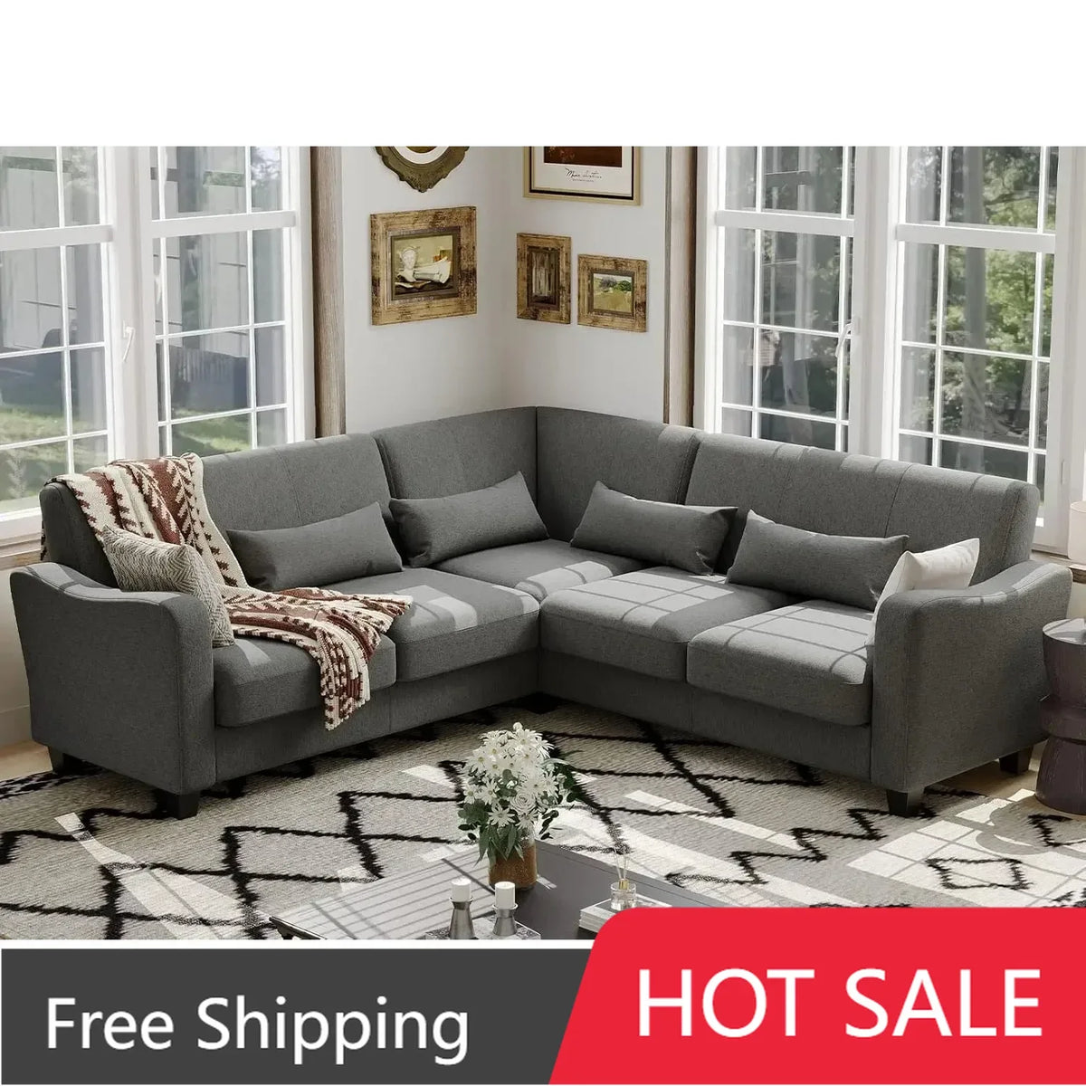 Fabric L Shaped Sofa Small Sectional Couch with Chaise Solid Corner Sofa Small L Couches 5 Seater Sofa Light Grey