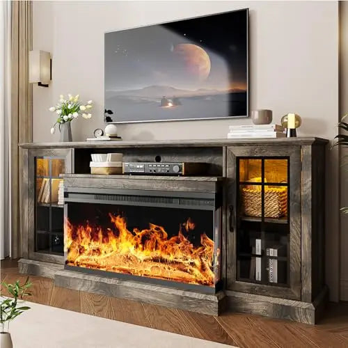 59'' Fireplace TV Stand  3 Sided Glass Media Entertainment Center Console Table for TVs up to 65'' with Glass Door Adjustable Fl