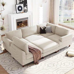 L/U 6 Seaters Free Combined Corner Sofa&Couch Convertible Spacious Sleeper Sofabed for Living Room with Movable Ottoman