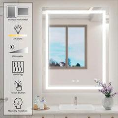 Dimmable LED Mirror Smart Memory Anti-Fog Wall Mount Easy Installation 36x28 Inch