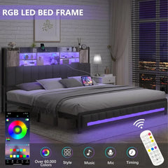 King Size Bed Frame and Bookcase Storage Headboard, LED Upholstered Bed Frame King with Charging Station, Light up King Size