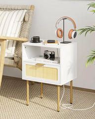 Rattan Nightstand with Charging Station, 2 Drawer Dresser for Bedroom, Small Bedside Table with 2 Drawers, Night Stand,