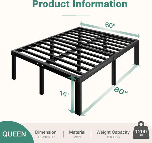 Queen Bed Frame, 14 Inch Metal Platform Bed Frame Queen Size with Storage Space Under Bed, Heavy Duty Steel Slat Support