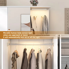 Armoire Wardrobe Closet with Mirror and Sensor Light, Bedroom Armoire with 5 Doors 2 Drawers, Modern Wooden Large Wardrobe