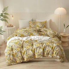 Duvet Cover Queen 100% Cotton, Green Garden Flower Pattern Bedding Duvet Cover Set Full Queen with Pillowcases Durable Zipper