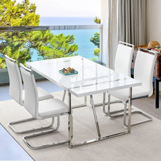 5 Piece Dining Table Set for 4 Rectangular Table and Leather Dining Chairs Set Metal Dining Table Set