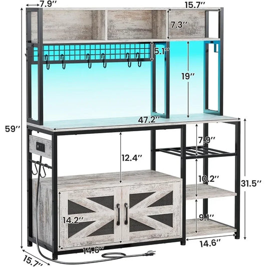 Itaar 47.2 Inch Bakers Rack with Power Outlet, Microwave Stand with Storage, Farmhouse Coffee Bar Cabinet Station with Wine Rack