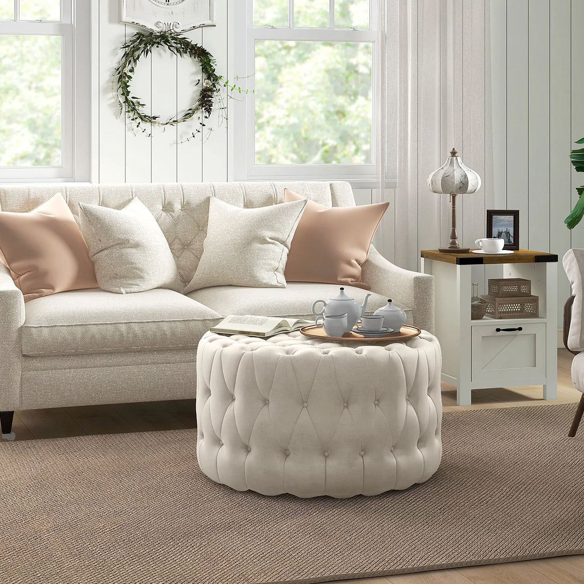 HOMCOM Button Tufted Ottoman Foot Stool with Velvet-feel Upholstery, Beige