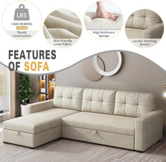 L-Shape Upholstered Sectional Sofa with Storage Chaise & Pull,Convertible Couch W/ 3 Back Cushions,Reversible Sleeper