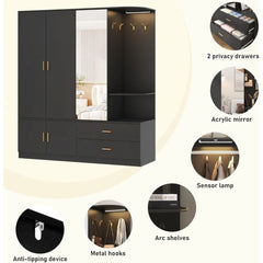 5 Doors Armoire Wardrobe Closet with Sensor Lamp and Mirror, 2 Drawers, 4 Hooks, 2 Hanging Rods, Large Wooden Armoire Closet