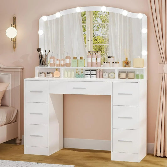 43.3" Vanity Desk with Large Lighted Mirror, 7 Drawers & 10 Lights Bulbs, 3 Lighting Colors, Vanity Table for Women Girls