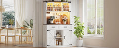 Bar Cabinet with LED Lights & Power Outlets, Kitchen Buffet with Hutch & 2 Large Drawers, Barn Door Design, 8 Storage Shelves