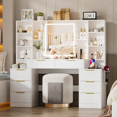 Large Makeup Vanity Desk with Lighted Mirror & Power Outlet,Vanity Desk Dresser Table with 3 Lighting Modes Brightness