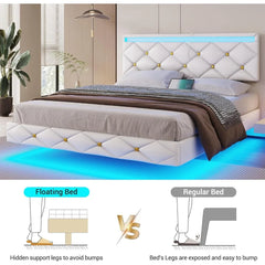 Floating Bed Frame King Size with Led Lights and USB Ports,Faux Leather Platform King Bed Frame with Headboard Easy To Assemble