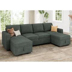 Modular Sectional Sleeper Sofa Bed, Corduroy Pull Out Couch with Storage Ottoman, U Shaped Sectional Couches for Living Room