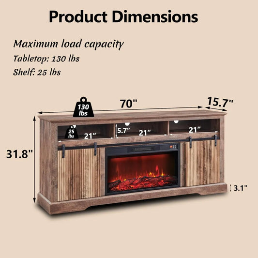 Fluted Fireplace TV Stand for TVs Up to 80 Inch with 30" Electric Fireplace, Modern Entertainment Center w/Waveform Panel Slidin