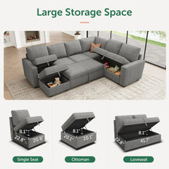 Modular Sectional Sleeper Sofa Bed, Corduroy Pull Out Couch with Storage Ottoman, U Shaped Sectional Couches for Living Room