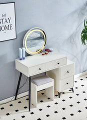 Fluted Makeup Vanity Desk with Round LED Mirror and Lights, Modern Glass Top Big Vanity Table with 4 Drawers & Adjustable Shelve