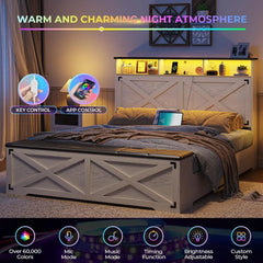 Farmhouse Queen Bed Frame with Storage Headboard,Charging Station and LED Lights Queen Size Platform Frame with ,Antique White