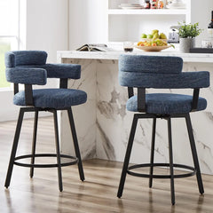 Counter Height Bar Stools with Full Back – Swivel Counter Stools Set of 2 with Linen Padded Back, Metal Footrest,Blue 24 inch