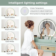 Boho Natural Rattan Vanity Desk Set with 3 Modes Adjustable Lighted Mirror and Cushioned Stool Modern Compact Design Makeup