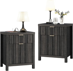 2 Drawer Nightstand,End Table with Charging Station,Night Stand with Fluted Panel,Bed Side Table Set of 2