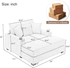 Indoor Oversized Chaise Lounger, Chenille Fabric Sleeper Sofa Couch with Pillows, Charge Station & Cup Holders