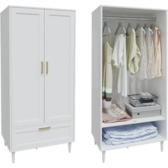 Bedroom Armoire Wardrobe Closet with Hanging Rod,60" 2 Door Almirah for Clothes with Drawers,Morden Storage Cabinet,White