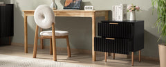 Black Night Stand Set 2, Wide Fluted Nightstand with 2 Drawers, Modern Glossy Storage Bedside Table for Bedroom, End Sid