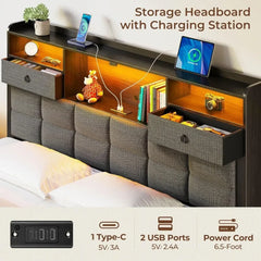 Bed Frame King Size with Drawers and Charging Station, Upholstered Platform Bed with Storage Headboard and LED Light