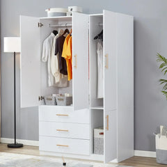 3 Door Closet Wardrobe, Armoire with 3 Drawer and Hanging Rod, Freestanding Closet Cabinet, Clothes Storage Organizer, Wardrobes