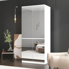 4 Door Wardrobe Closet with Mirrors, Armoire Wardrobe Closet with Hanging Rod, Mirrored Armoire for Bedroo