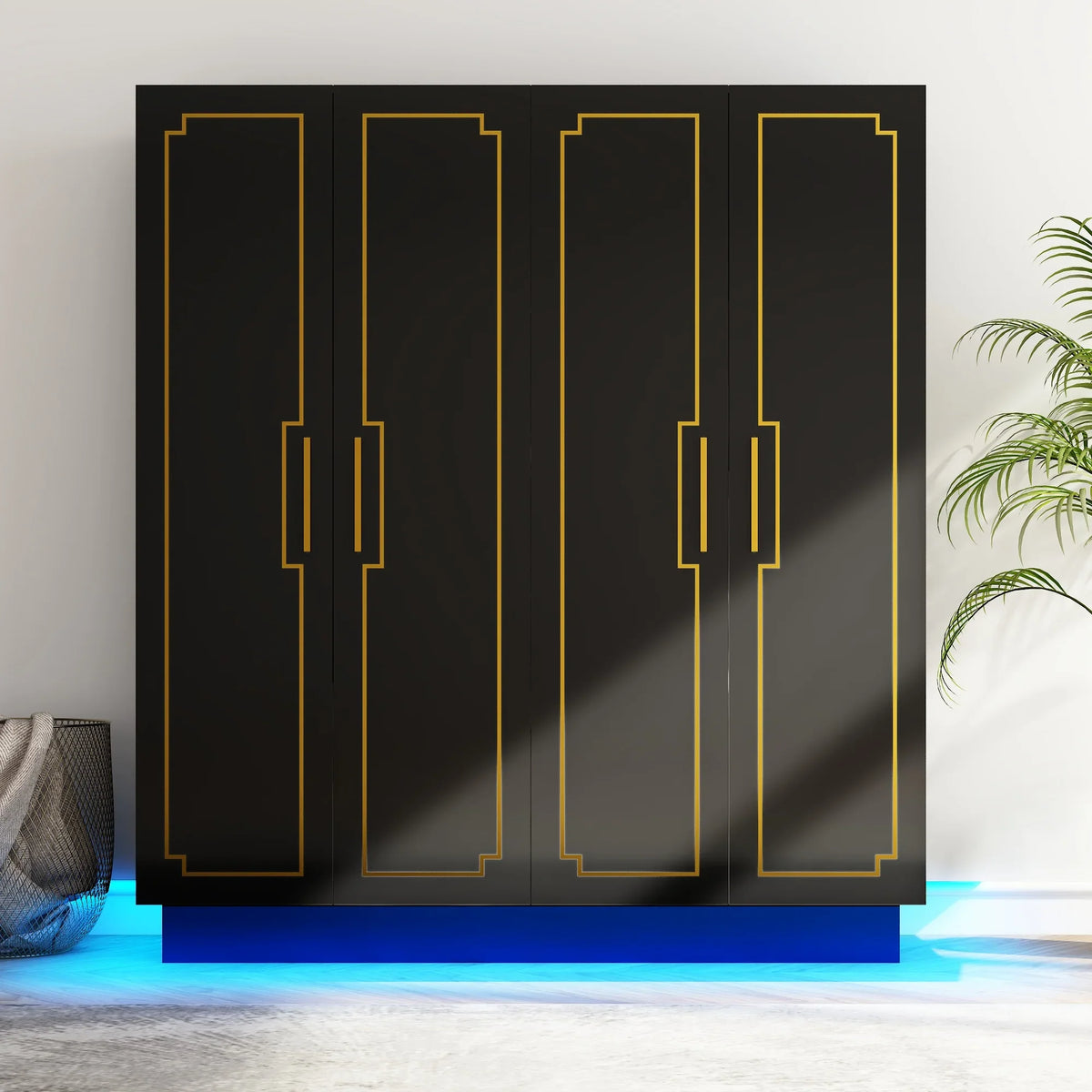 Modern 70in 4 Doors Armoires Wardrobe Closet with Hanging Rod, Freestanding Bedroom Armoires with RGB Lights, Black