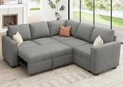 Modular Sectional Sleeper Sofa Bed, Corduroy Pull Out Couch with Storage Ottoman, U Shaped Sectional Couches for Living Room