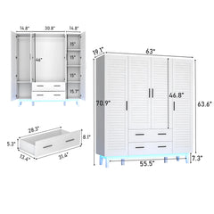 Large Capacity Wardrobe Armoire for Bedroom, 4 Door LED Wardrobe Closet with Drawers, Multi-Tier Shelves & Hanging Rod, White