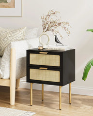 Rattan Nightstand with Charging Station, 2 Drawer Dresser for Bedroom, Small Bedside Table with 2 Drawers, Night Stand,