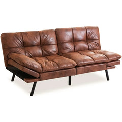 Bed, Leather Futon Couch Foldable Loveseat Sofas, Natural Brown