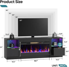 70” Fireplace TV Stand for TVs Up to 80", Modern Entertainment Center with 36" Electric Fireplace & LED Lights, Fluted Media TV